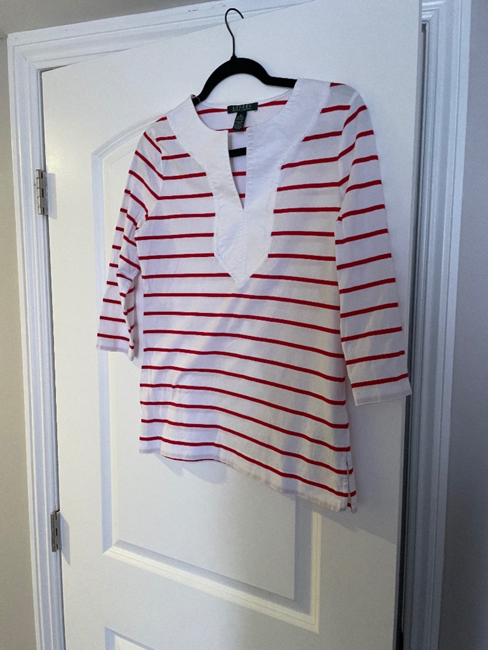 Ralph Lauren blouse/ cotton/ stripped/ white/ keyhole/ 3/4 sleeve